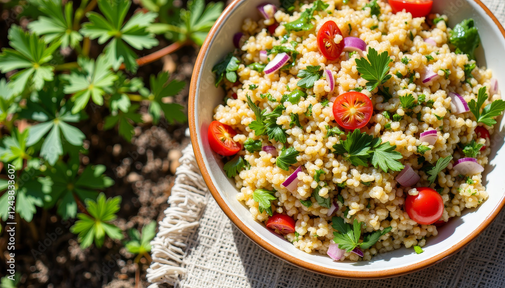 Colorful tabbouleh salad with fresh parsley in midday light, vibrant Iftar Colorful tabbouleh salad with fresh parsley in midday light, vibrant Iftar