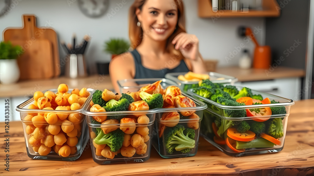 A woman in a kitchen with blurred face, behind glass containers filled with chickpeas, broccoli, carrots, and roasted vegetables on a wooden table A woman in a kitchen with blurred face, behind glass containers filled with chickpeas, broccoli, carrots, and roasted vegetables on a wooden table