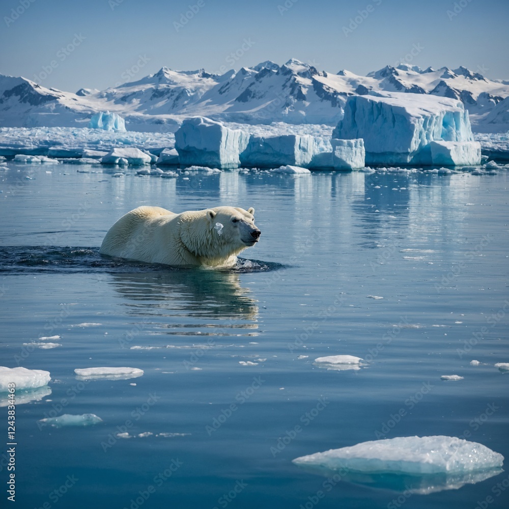 Naklejka premium A polar bear swimming in icy blue waters with glistening icebergs in the distance. 