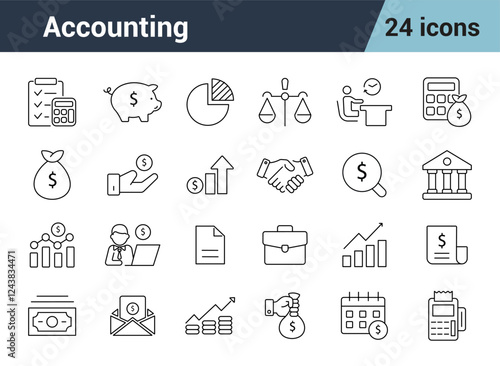 Accounting Line Editable Icons set. Includes accounting, taxes, audit, earnings, finance company, stroke vector illustration.