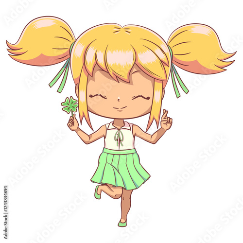 Girl holding lucky clover, fingers crossed