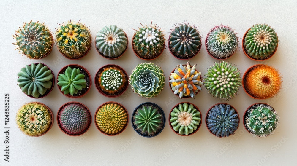 Colorful Succulents and Cacti in Terracotta Pots, Flat Lay on White Background Colorful Succulents and Cacti in Terracotta Pots, Flat Lay on White Background