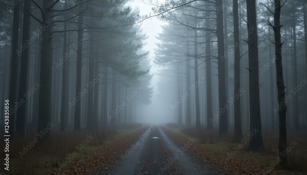 Obraz premium Foggy Misty Forest With Dirt Road And Tall Trees Covered In White Mist