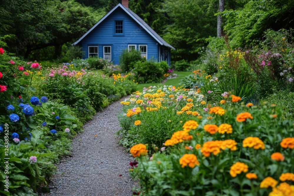 Colorful flower garden paths to a charming blue house surrounded by lush greenery and vibrant blooms in late spring or early summer Colorful flower garden paths to a charming blue house surrounded by lush greenery and vibrant blooms in late spring or early summer
