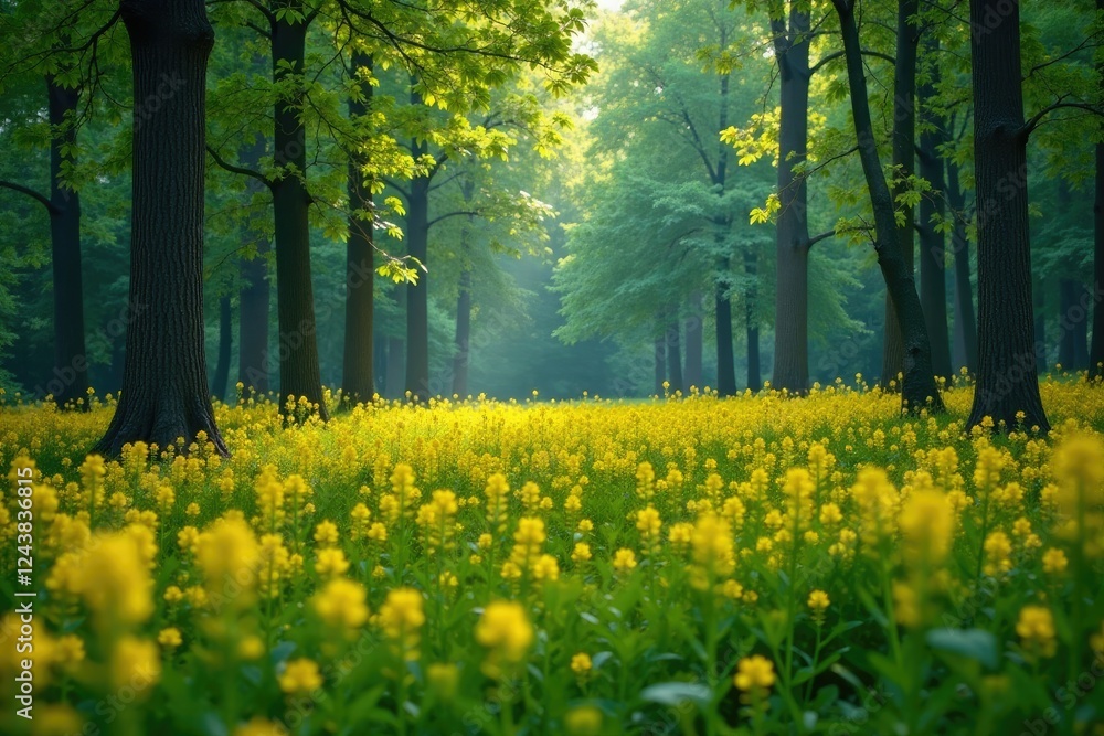 Forest landscape dominated by a sea of goldenrod, forest landscape, forest canopy Forest landscape dominated by a sea of goldenrod, forest landscape, forest canopy