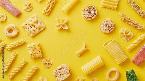 Variety of Pasta Shapes and Styles on Bright Yellow Background photo