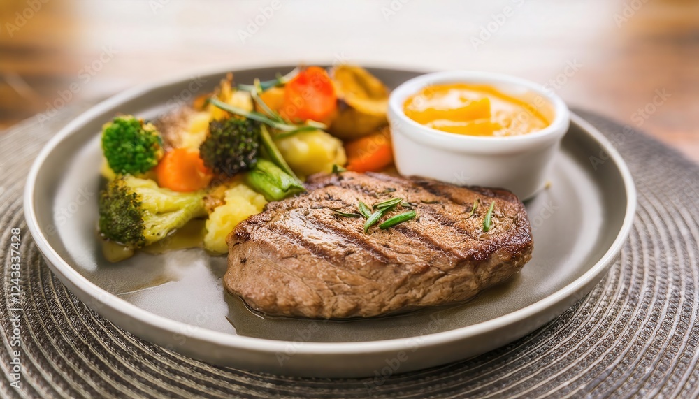 Grilled steak served with colorful mixed vegetables and a small bowl of sauce. Grilled steak served with colorful mixed vegetables and a small bowl of sauce.