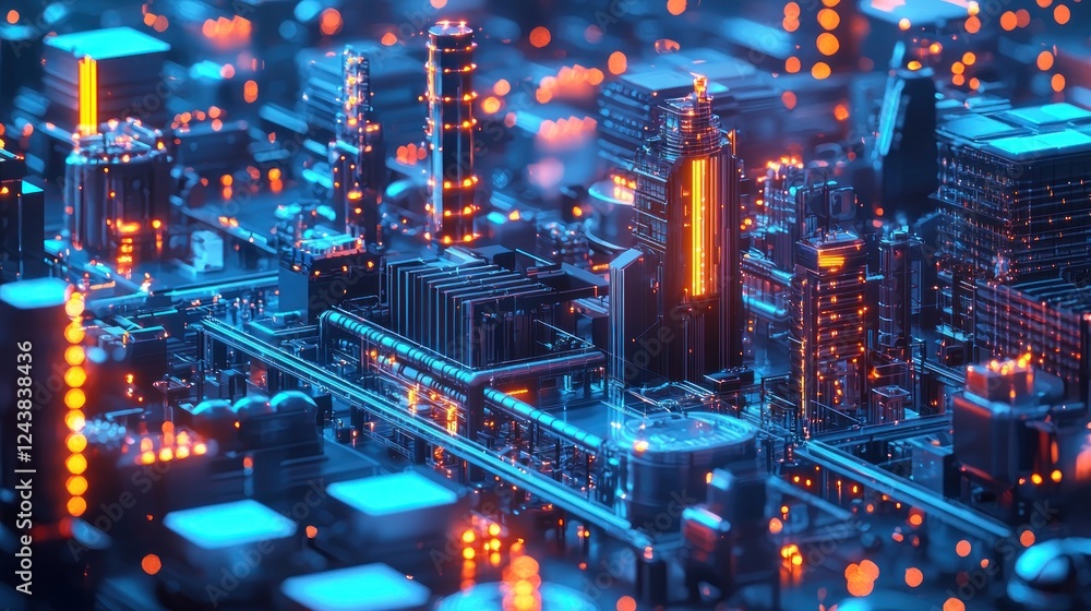 Fototapeta premium Cyberpunk Cityscape: Futuristic Industrial Metropolis