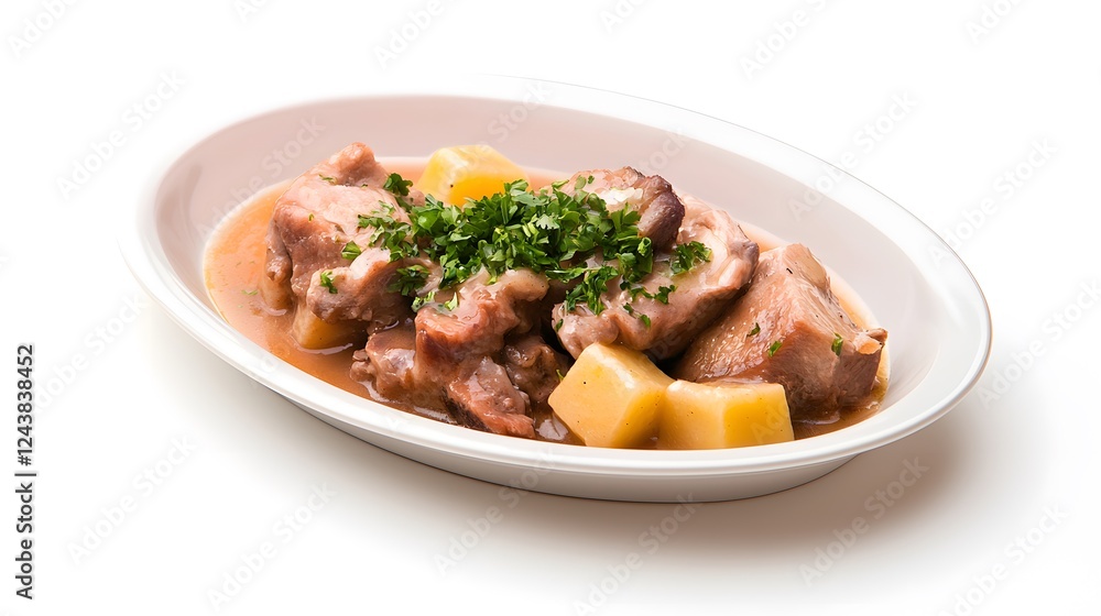 Tender pork stew with potatoes and fresh parsley garnish Tender pork stew with potatoes and fresh parsley garnish