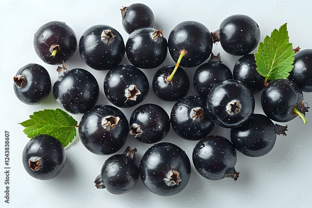 Fresh black currant berries with green leaves scattered on white background, macro food photography perfect for healthy eating and natural ingredients design. Fresh black currant berries with green leaves scattered on white background, macro food photography perfect for healthy eating and natural ingredients design.