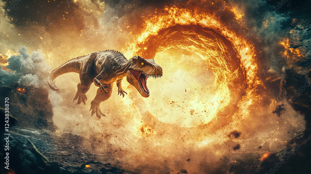 Fototapeta premium A time traveler stepping out of a portal into the age of dinosaurs, with a futuristic device in hand, in a dynamic and action-packed style, realistic photo