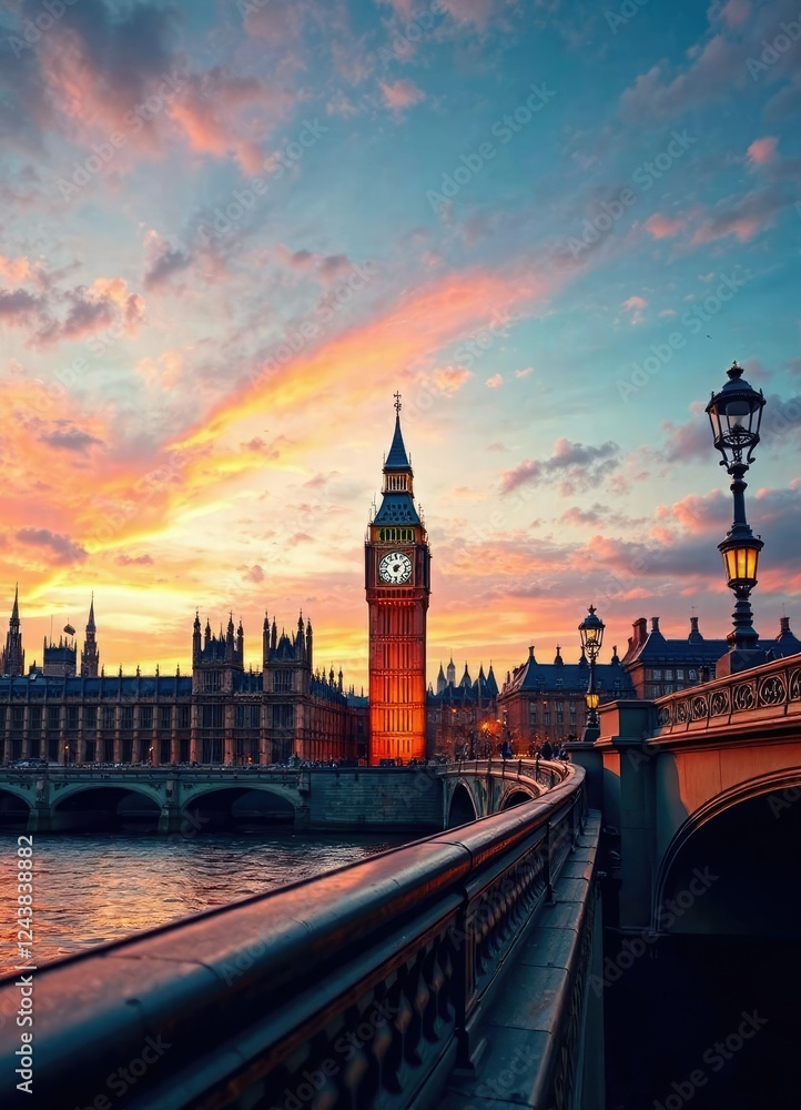 Naklejka premium Twilight shot of Westminster bridge with Big Ben and Parliament against a colorful sky, evening, illuminated, twilight, sunset
