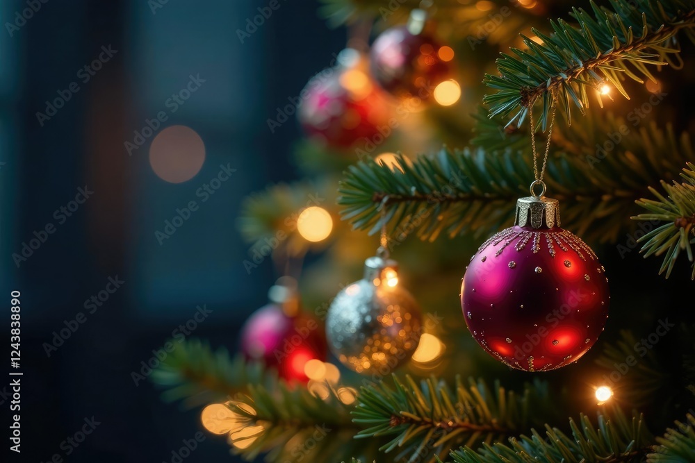 Twinkling fairy lights adorn a Christmas tree with colorful glass ornaments, sparkly, fairy lights Twinkling fairy lights adorn a Christmas tree with colorful glass ornaments, sparkly, fairy lights