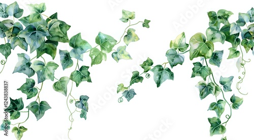 Watercolor ivy vines with green leaves cascading downward, perfect for wedding invitations, botanical designs and decorative borders. Isolated on white background.