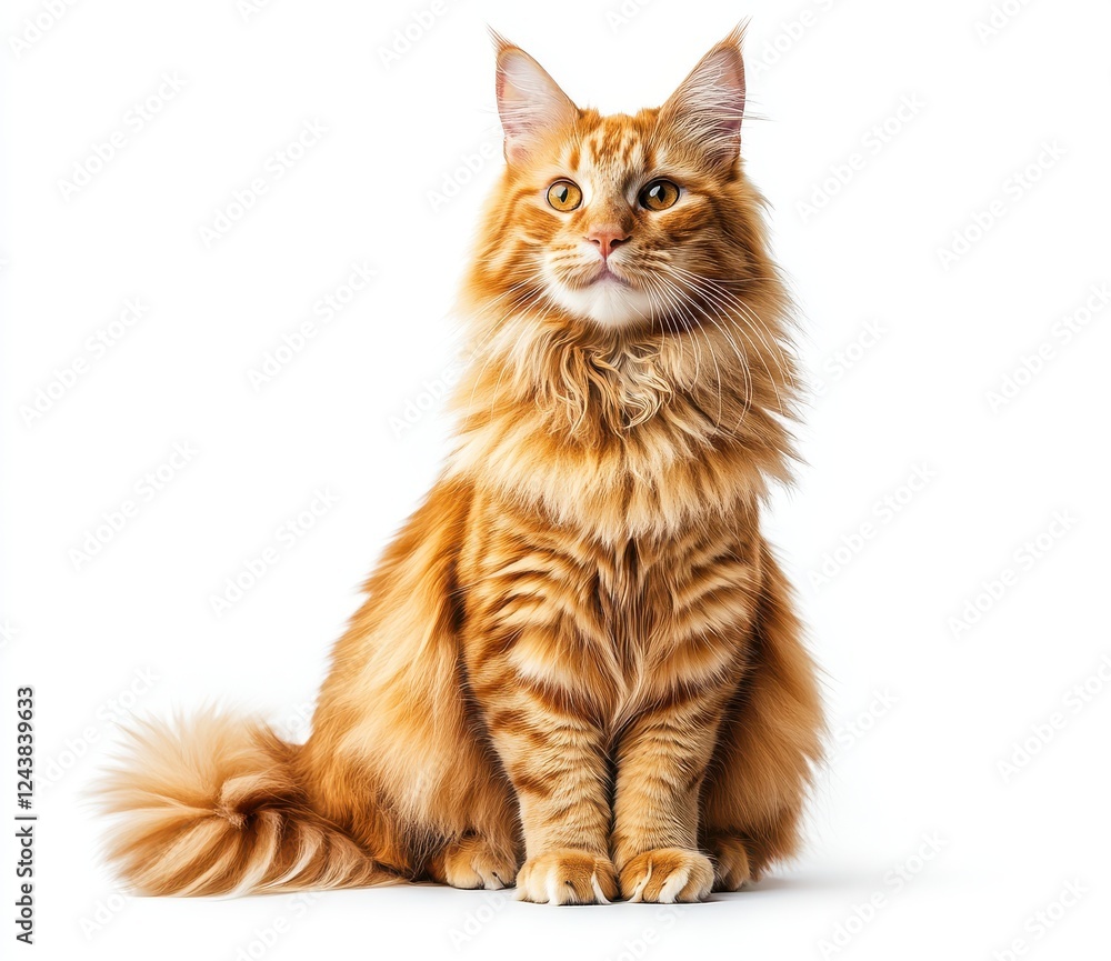 Majestic orange fluffy cat sitting gracefully on a white background with bright eyes and a charming expression showcasing its stunning fur coat Majestic orange fluffy cat sitting gracefully on a white background with bright eyes and a charming expression showcasing its stunning fur coat