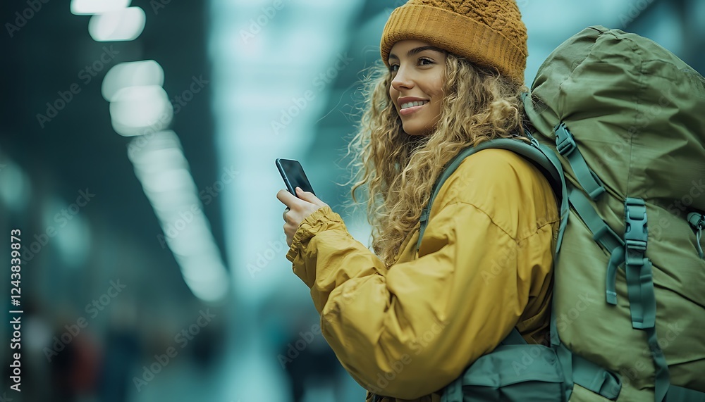 Fototapeta premium Smiling woman backpacker using phone.