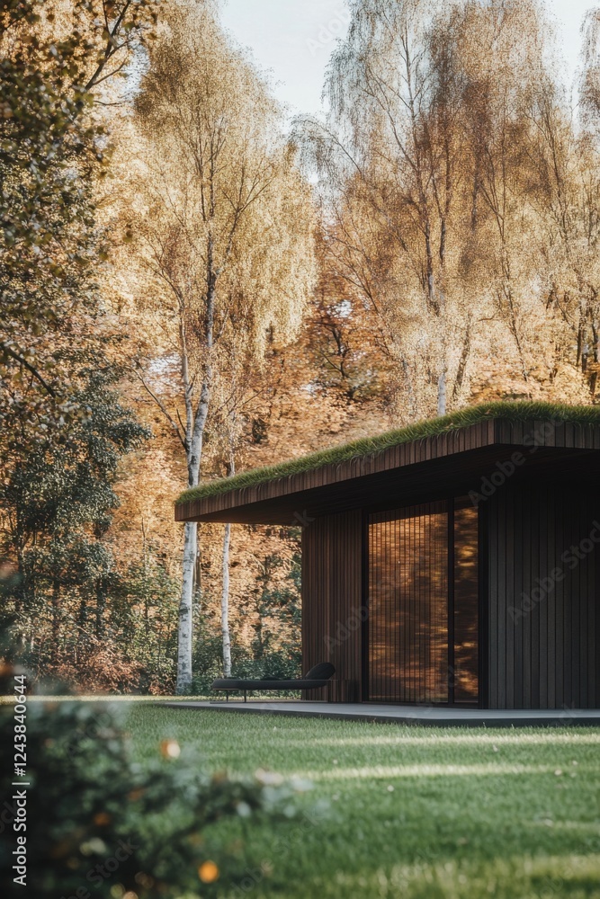 Modern architectural design blends with nature in a serene setting featuring a wooden cabin surrounded by golden autumn trees and a lush green lawn