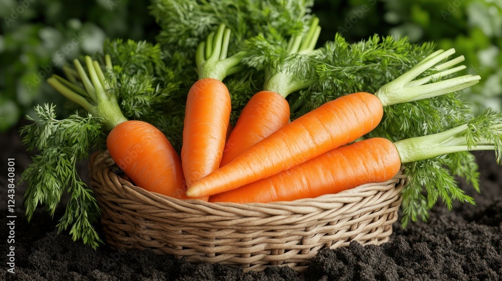 Freshly harvested carrots displayed in a woven basket with green foliage in a garden setting. Generative AI Freshly harvested carrots displayed in a woven basket with green foliage in a garden setting. Generative AI