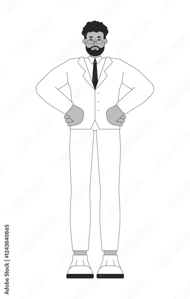 Bearded african american businessman in suit and glasses black and white 2D line character. Business leader standing man in formal wear isolated vector outline person. Monochromatic spot illustration Bearded african american businessman in suit and glasses black and white 2D line character. Business leader standing man in formal wear isolated vector outline person. Monochromatic spot illustration