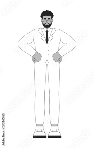 Bearded african american businessman in suit and glasses black and white 2D line character. Business leader standing man in formal wear isolated vector outline person. Monochromatic spot illustration