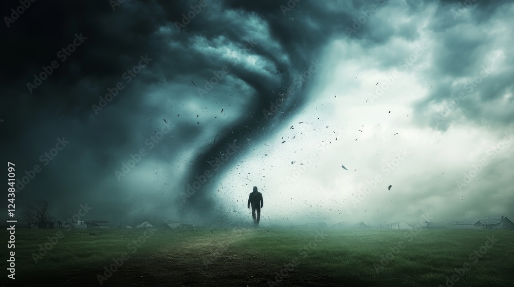 Man stands defiant against immense tornado in desolate field, a confrontation of nature's power Man stands defiant against immense tornado in desolate field, a confrontation of nature's power