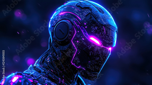 Futuristic cybernetic avatar in the Metaverse featuring glowing circuitry skin in deep blue and purple hues under cinematic lighting