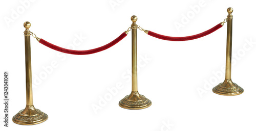 Red velvet rope barrier with golden stanchions, isolated on transparent cutout background photo