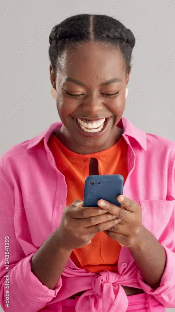 Phone, happy and black woman in studio with good news for university acceptance with scholarship. Celebration, cellphone and African female student with college education results by white background. Phone, happy and black woman in studio with good news for university acceptance with scholarship. Celebration, cellphone and African female student with college education results by white background.