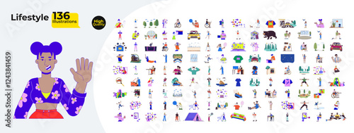 Lifestyle cartoon flat illustrations mega bundle. Different people and objects 2D images isolated on white. Representing situations with characters and items collection vector drawings colorful
