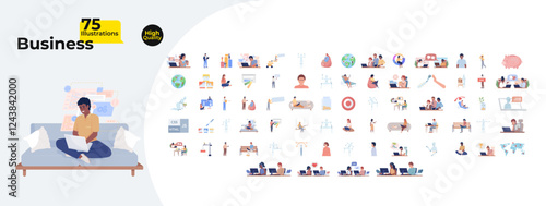 Business cartoon flat illustrations mega bundle. Commercial activity providing by businesspeople 2D images isolated on white. Corporate employees job collection vector drawings colorful