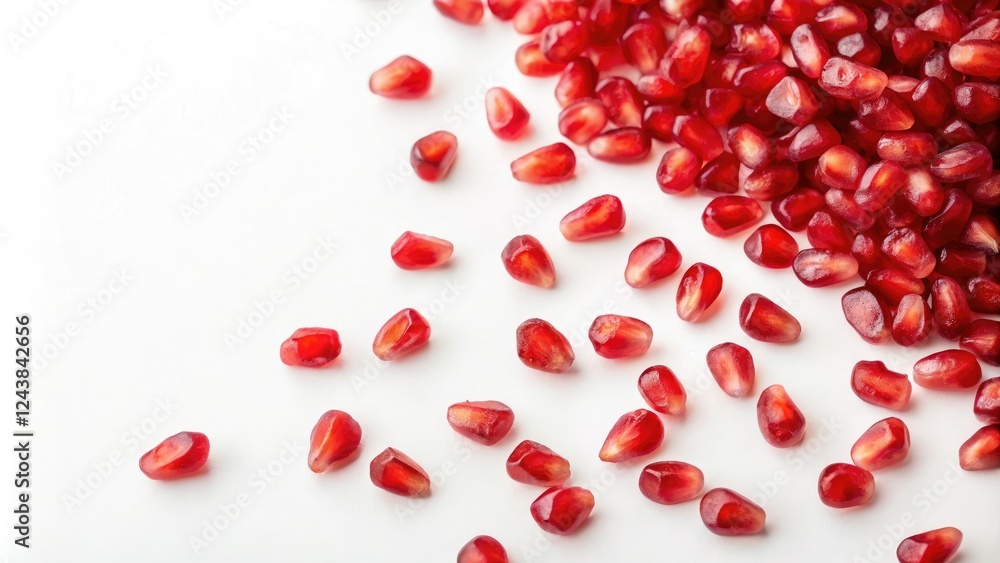Vibrant red pomegranate seeds scattered on a white background, vibrant, edible, autumnal, colorful Vibrant red pomegranate seeds scattered on a white background, vibrant, edible, autumnal, colorful
