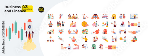 Business and finance cartoon flat illustrations mega bundle. Successful investments in startups 2D images isolated on white. Businesspeople in office setting collection vector drawings colorful