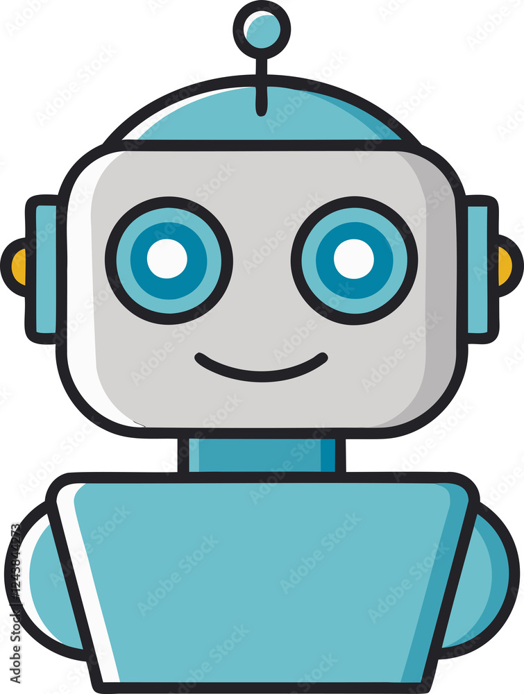 Cute Cartoon Robot with Smiling Face Artificial Intelligence Friendly Android Digital Illustration Futuristic Technology Sci-Fi Bot AI Concept Modern Automation Character Design Cute Cartoon Robot with Smiling Face Artificial Intelligence Friendly Android Digital Illustration Futuristic Technology Sci-Fi Bot AI Concept Modern Automation Character Design