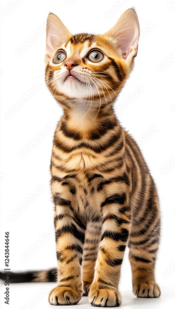 Fototapeta premium Playful Bengal kitten with striking fur patterns and curious expression looking upward against a clean white background in a studio setting
