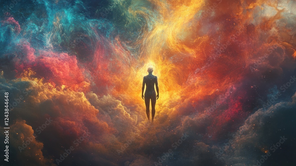 Fototapeta premium Colorful cosmic figure emerges from vibrant clouds, depicting a journey through the universe. Generative AI