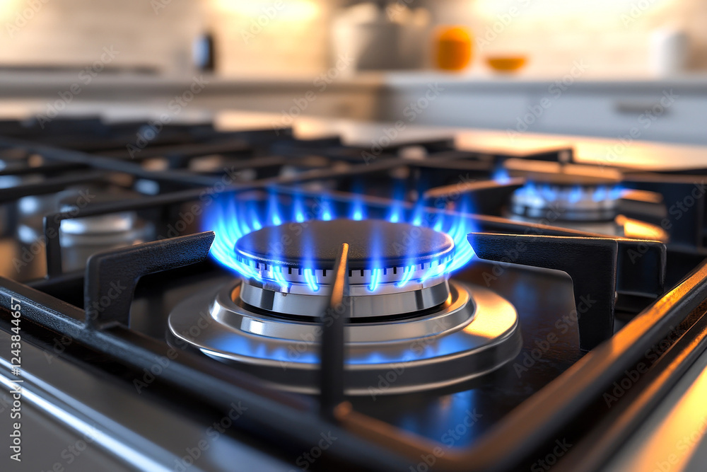Modern stainless steel gas hob with a blue flame burning on the burner, installed in the kitchen Modern stainless steel gas hob with a blue flame burning on the burner, installed in the kitchen