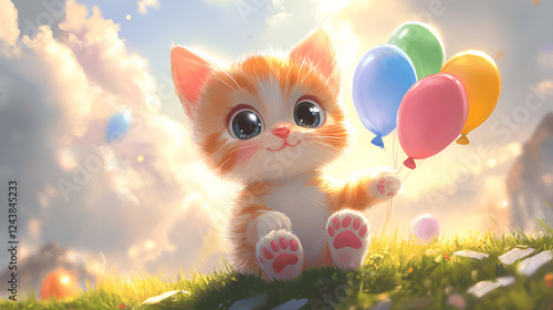 illustration of a cute kitten sitting on the grass surrounded by balloons photo