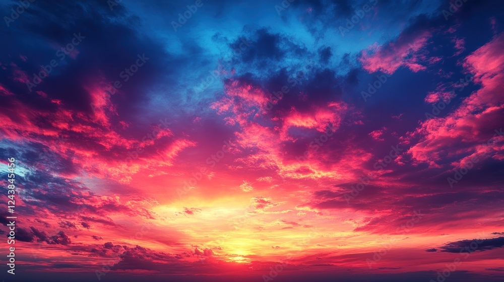 Fototapeta premium Vibrant sunset sky, fiery clouds, dramatic scene, nature backdrop