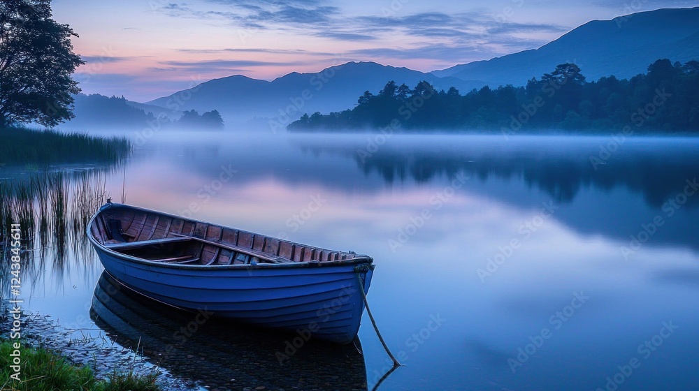 Serene Sunrise: A Misty Lake and Rowboat Serene Sunrise: A Misty Lake and Rowboat