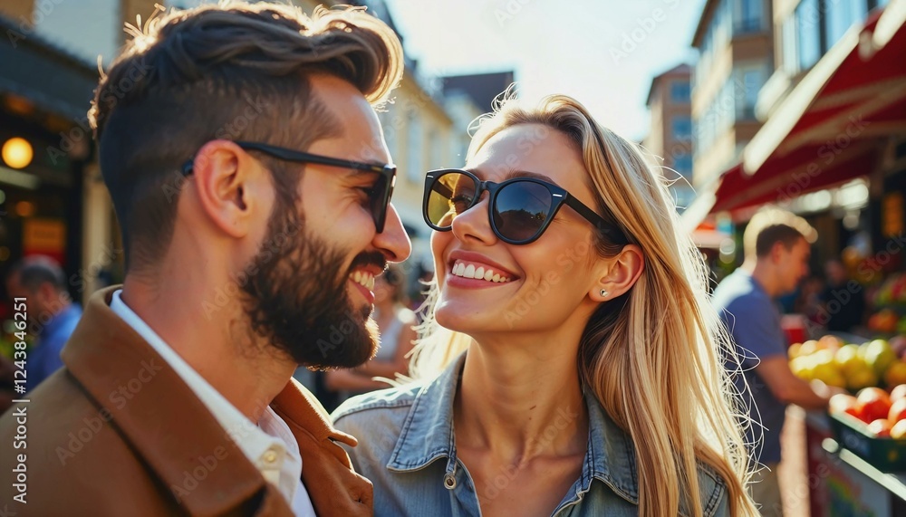 Stylish couple enjoying a joyful day out at a vibrant market under warm sunlight Stylish couple enjoying a joyful day out at a vibrant market under warm sunlight