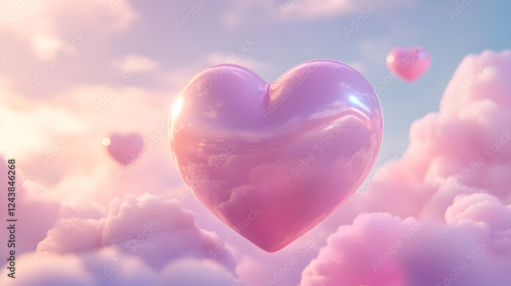 3d futuristic pink pastel heart in 3d shape in blue sky and cloud 3d futuristic pink pastel heart in 3d shape in blue sky and cloud