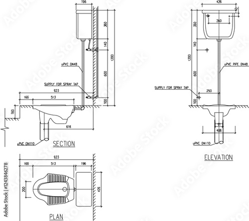 vector sketch, silhouette illustration, typical service sink installation detail design