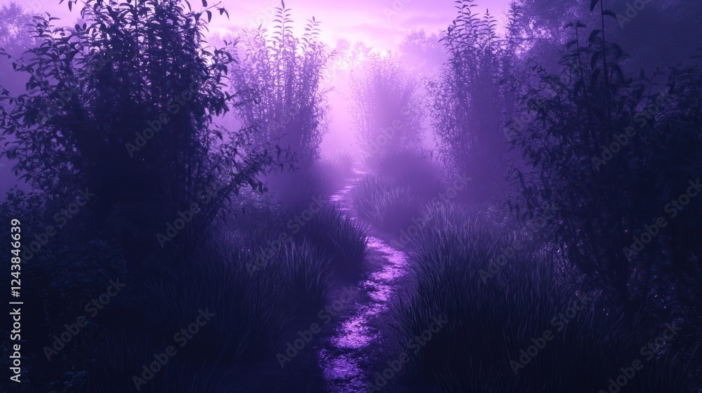 Fototapeta premium Serene pathway through misty purple woods at dawn invites exploration and tranquility. Generative AI