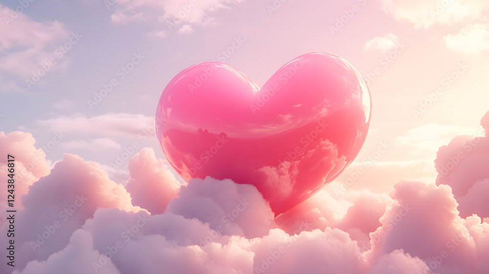Fototapeta premium 3d futuristic pink pastel heart in 3d shape in blue sky and cloud