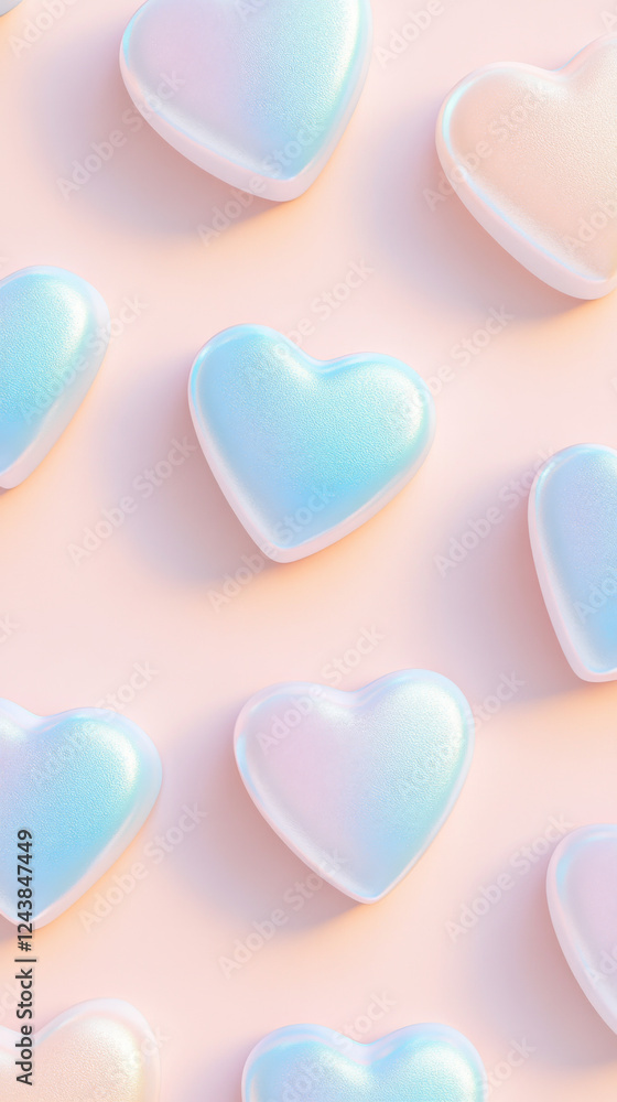 St Valentines day themed background with pink crystal hearts, copy space