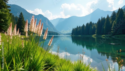 Tall deschampsia swaying in the wind near a lake, alpine, grassland, coniferous forest photo