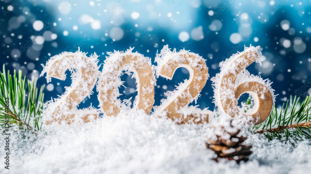 New year 2026 numbers in snow with bokeh lights, holiday and winter theme New year 2026 numbers in snow with bokeh lights, holiday and winter theme