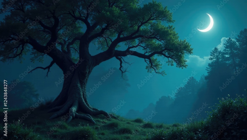 A crescent moon casts a soft glow on the dark, mysterious foliage of an ancient tree in a secluded forest, nature, landscape, eerie A crescent moon casts a soft glow on the dark, mysterious foliage of an ancient tree in a secluded forest, nature, landscape, eerie