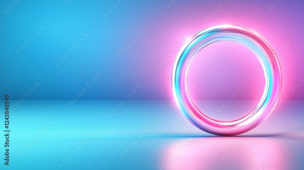 Obraz premium Vibrant neon ring illuminating a deep blue backdrop, captivating display of light and color