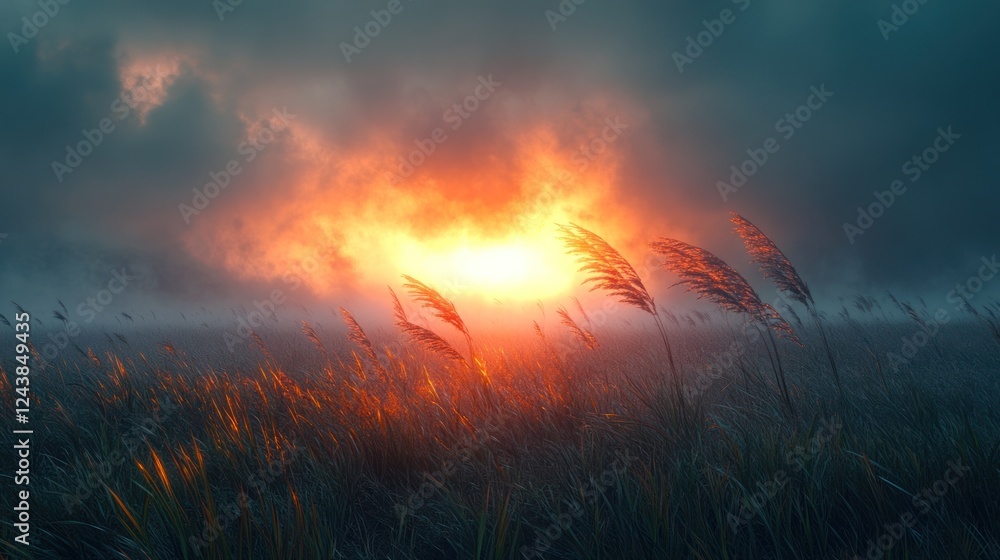 Dramatic sunset over a misty field with tall grasses swaying in the wind. Generative AI Dramatic sunset over a misty field with tall grasses swaying in the wind. Generative AI